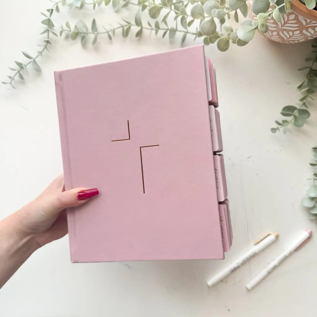 The Jesus Bible with pre-installed tabs, in pink.
