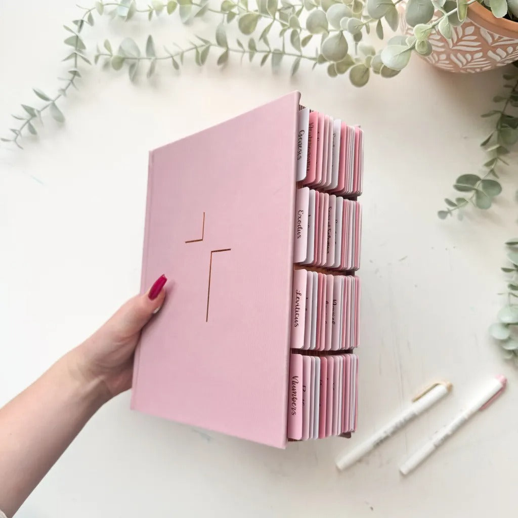 The Jesus Bible with pre-installed tabs, in pink.