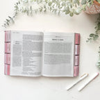 The Jesus Bible with pre-installed tabs, in pink.